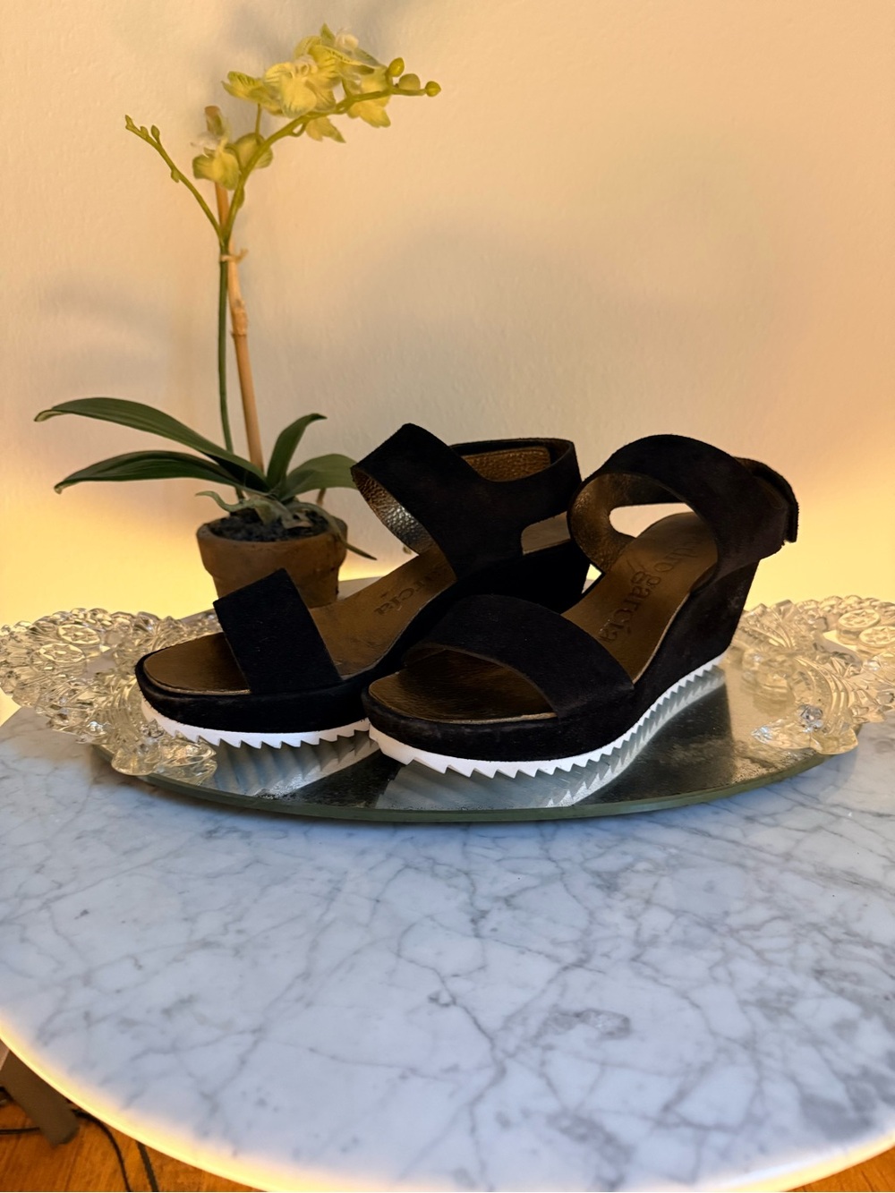 Pedro Garcia Fiona Black Suede Wedge Sandals with White Serrated Sole